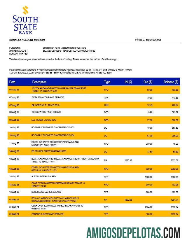 Imprimível South State Bank Company Statement modelo Word e PDF
